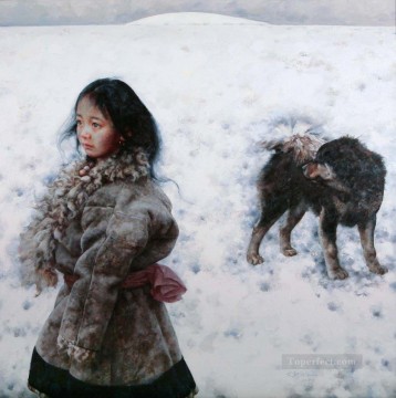 Tibetan Painting - Girl and Dog AX Tibet